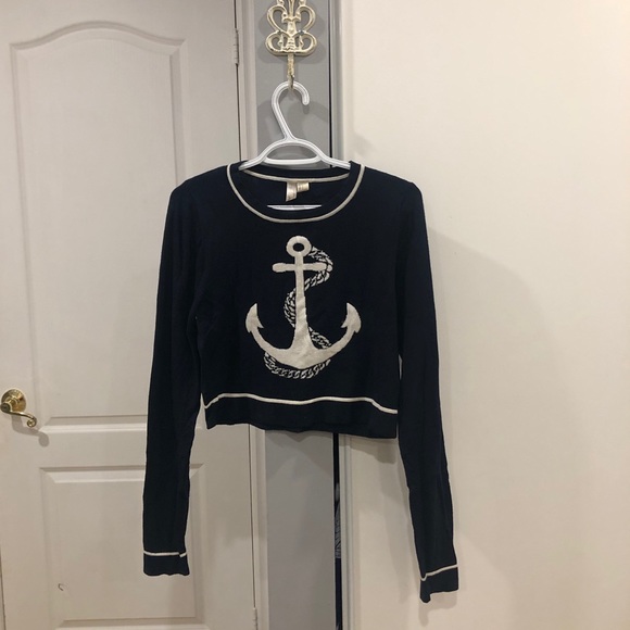 Blue & White Anchor Crop Sweater - Picture 1 of 2